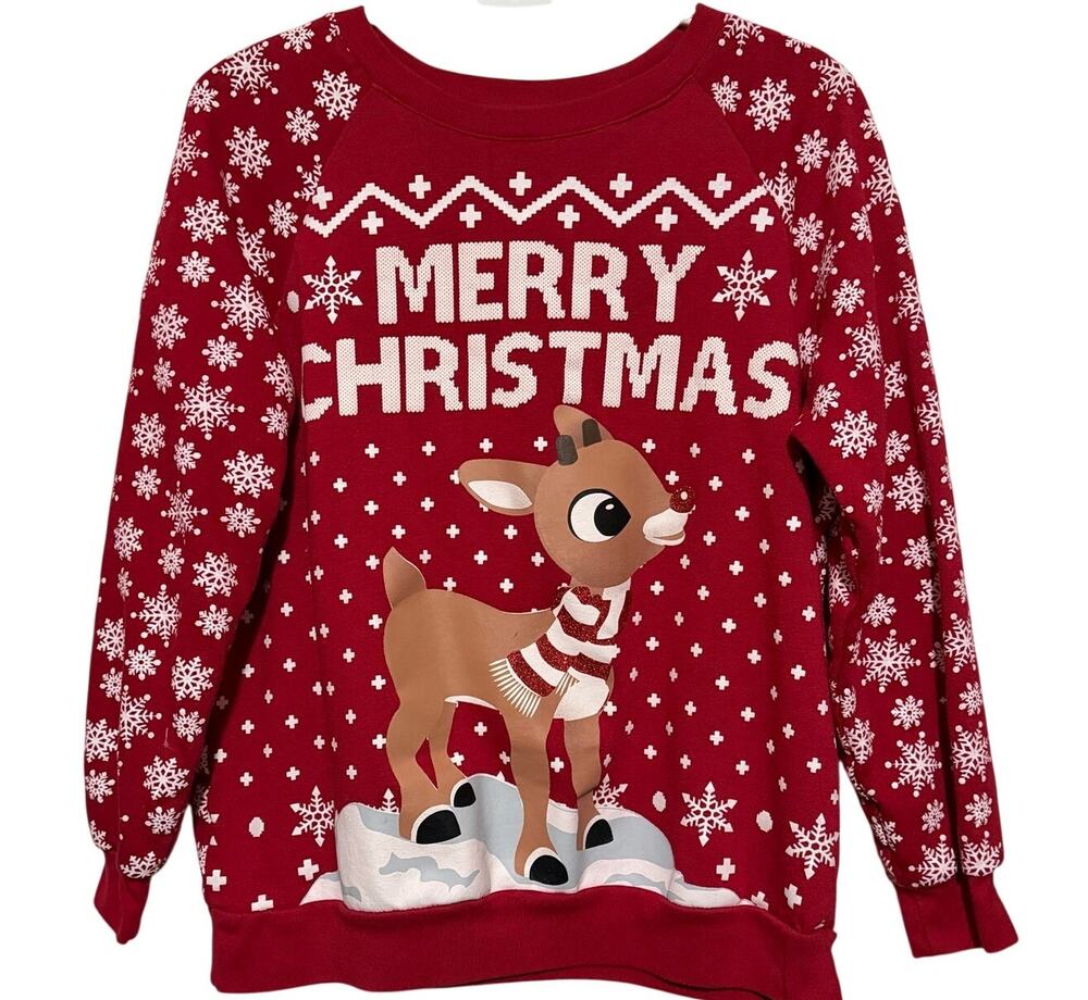 Rudolph The Red Nose Reindeer Red White Merry Christmas Sweatshirt Size Lβ